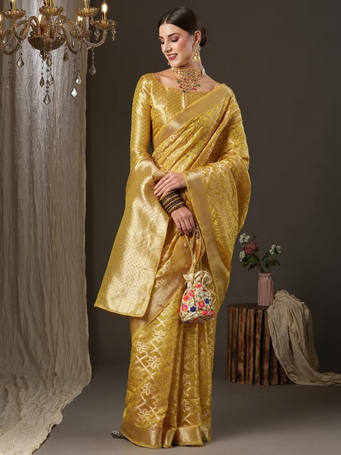 Saree Mall Yellow Woven Saree With Unstitched Blouse Price in India