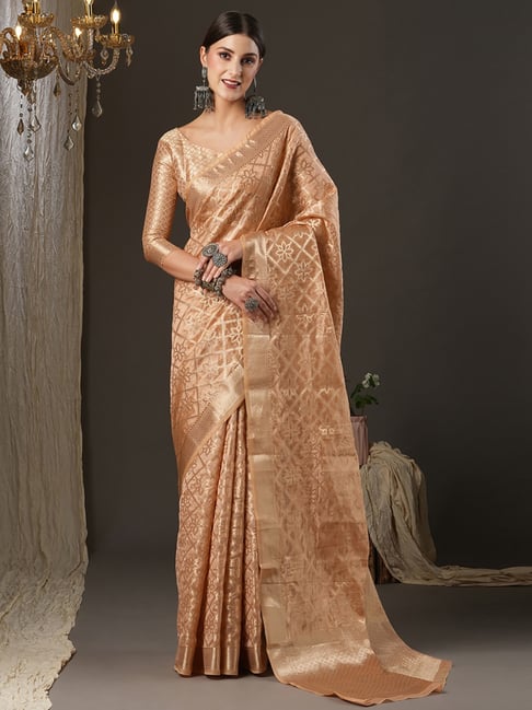 Saree Mall Peach Woven Saree With Unstitched Blouse Price in India