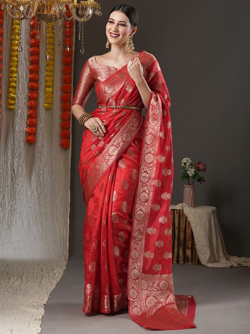 Saree Mall Red Woven Saree With Unstitched Blouse Price in India