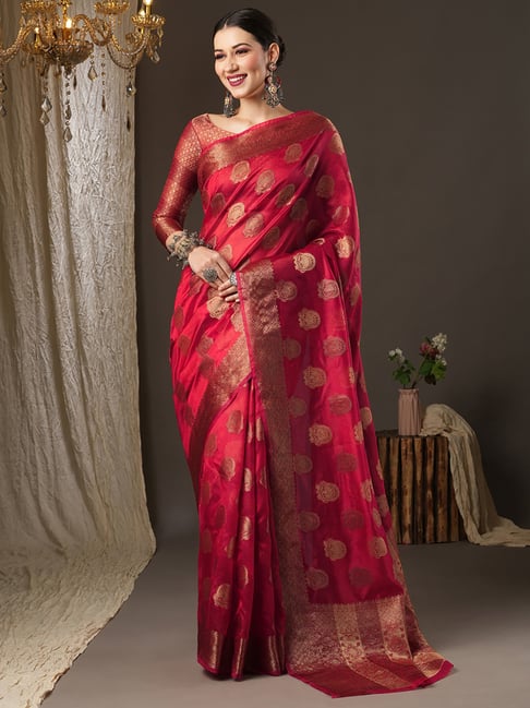 Saree Mall Pink Woven Saree With Unstitched Blouse Price in India