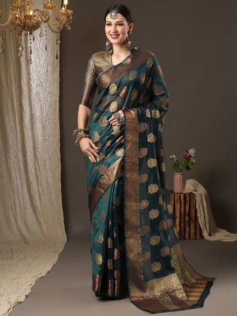 Saree Mall Blue Woven Saree With Unstitched Blouse Price in India