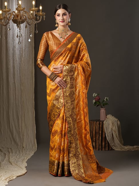 Saree Mall Mustard Silk Woven Saree With Unstitched Blouse Price in India