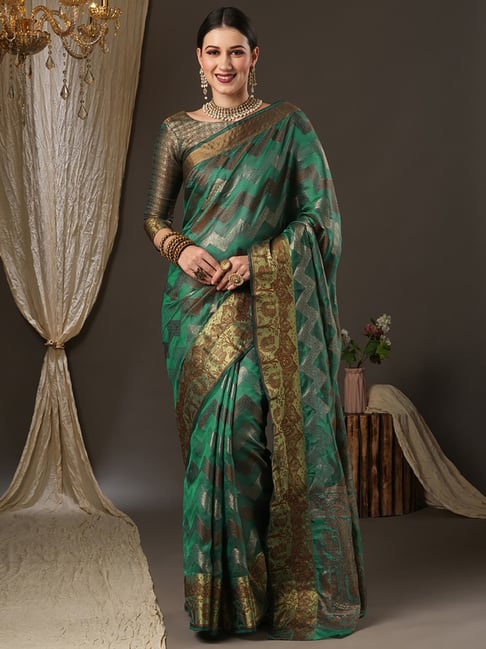 Saree Mall Green Silk Woven Saree With Unstitched Blouse Price in India