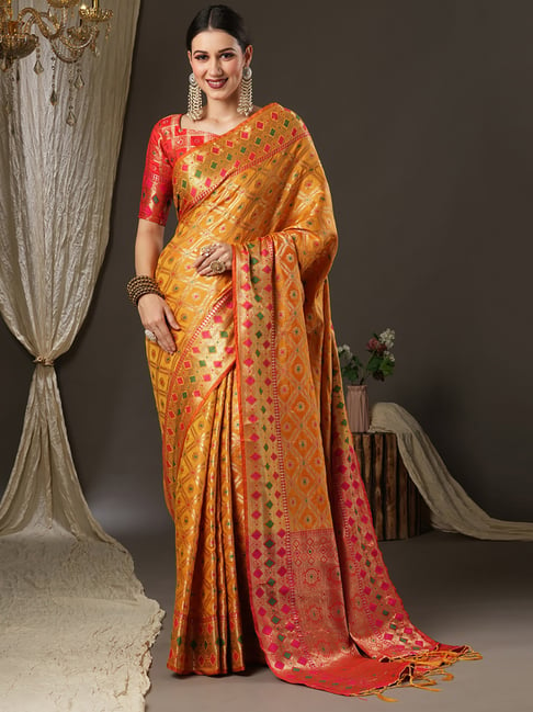 Saree Mall Mustard & Red Silk Woven Saree With Unstitched Blouse Price in India