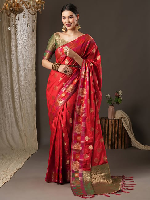 Saree Mall Red & Green Silk Woven Saree With Unstitched Blouse Price in India