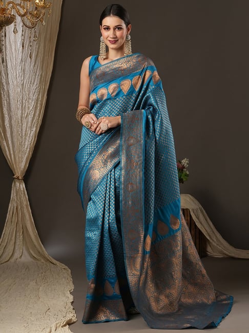 Saree Mall Blue Silk Woven Saree With Unstitched Blouse Price in India