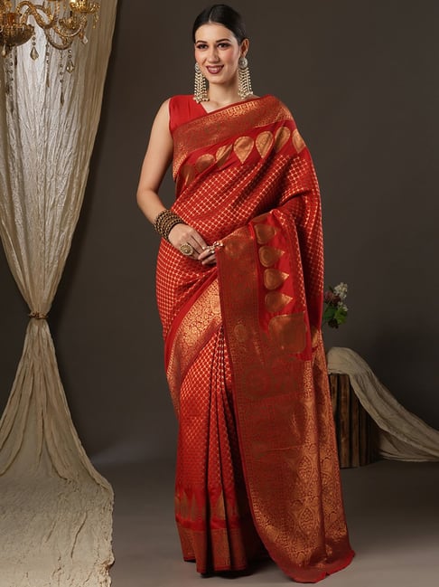 Saree Mall Red Silk Woven Saree With Unstitched Blouse Price in India