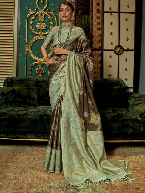 Saree Mall Brown & Green Silk Woven Saree With Unstitched Blouse Price in India