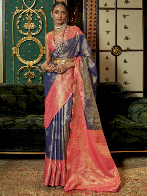 Saree Mall Blue & Red Silk Woven Saree With Unstitched Blouse Price in India