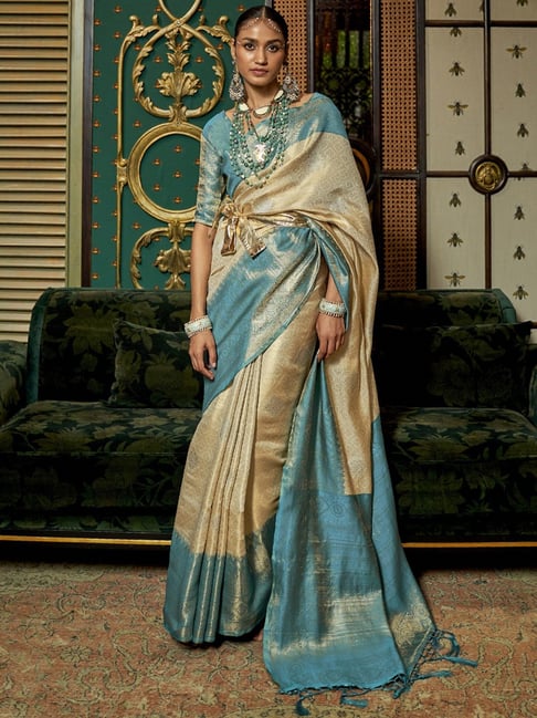 Saree Mall Beige & Blue Silk Woven Saree With Unstitched Blouse Price in India