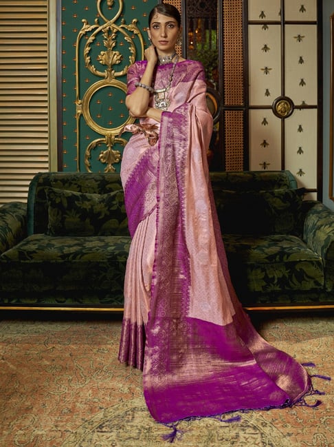 Saree Mall Pink Silk Woven Saree With Unstitched Blouse Price in India