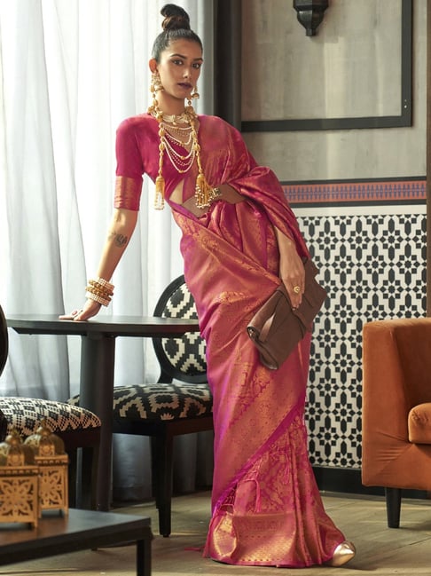 Saree Mall Pink Silk Woven Saree With Unstitched Blouse Price in India