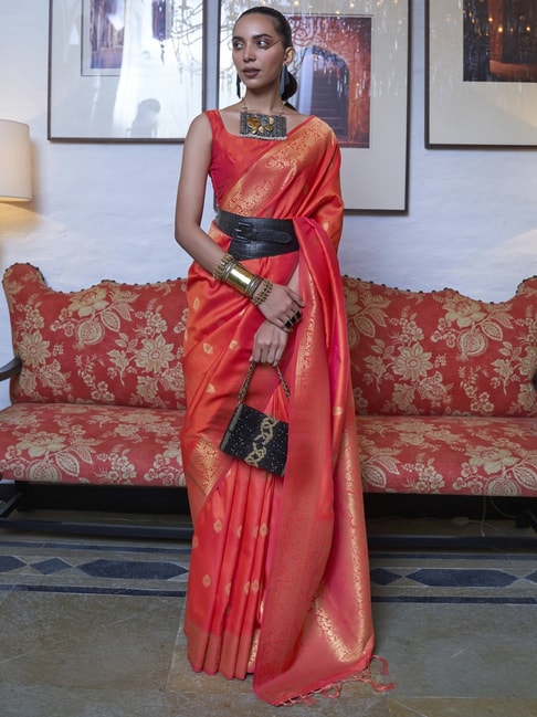 Saree Mall Coral Silk Woven Saree With Unstitched Blouse Price in India