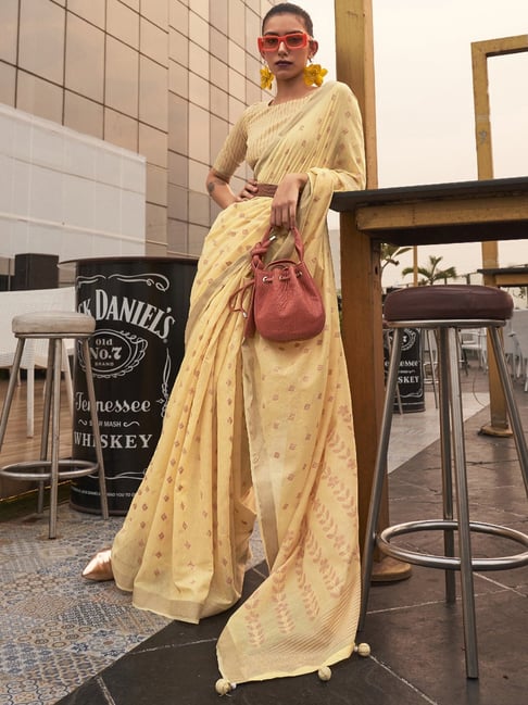 Saree Mall Yellow Silk Woven Saree With Unstitched Blouse Price in India