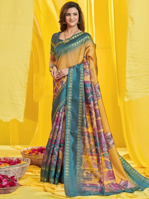 Saree Mall Mustard & Green Silk Printed Saree With Unstitched Blouse Price in India