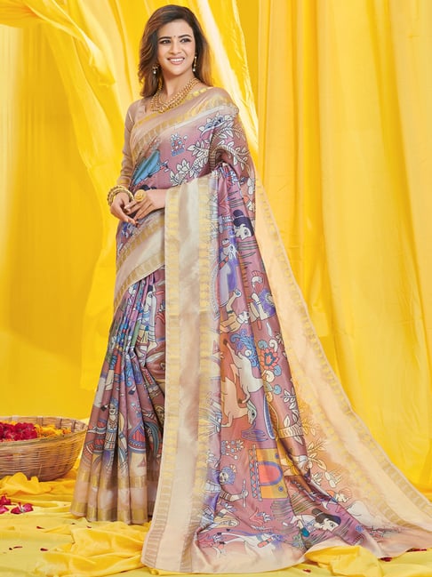 Saree Mall Purple & Beige Silk Printed Saree With Unstitched Blouse Price in India