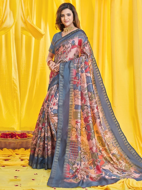 Saree Mall Pink & Grey Silk Printed Saree With Unstitched Blouse Price in India