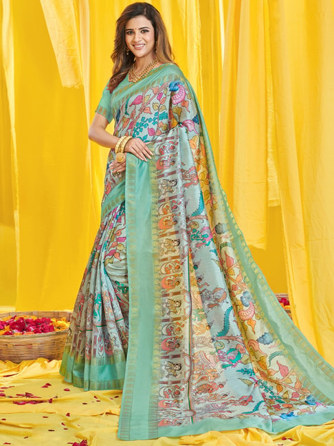 Saree Mall Green Silk Printed Saree With Unstitched Blouse Price in India