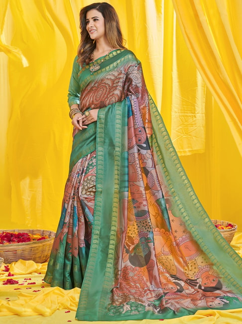 Saree Mall Brown & Green Silk Printed Saree With Unstitched Blouse Price in India