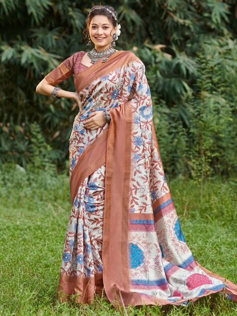 Saree Mall White & Brown Silk Printed Saree With Unstitched Blouse Price in India