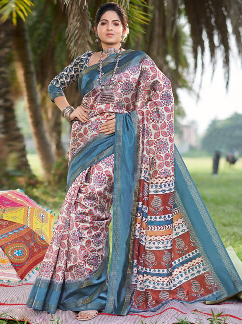 Saree Mall Pink & Blue Silk Printed Saree With Unstitched Blouse Price in India