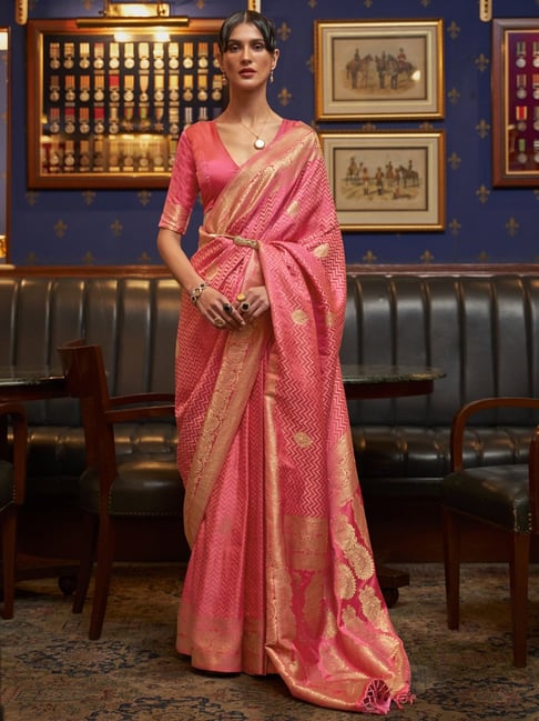 Saree Mall Pink Silk Woven Saree With Unstitched Blouse Price in India