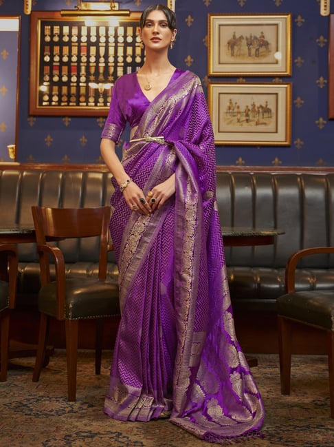 Saree Mall Purple Silk Woven Saree With Unstitched Blouse Price in India