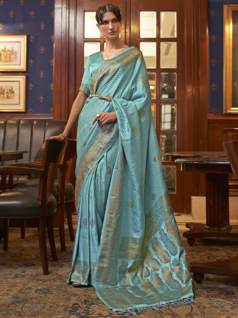 Turquoise and Grey Jacquard Work Banarasi Silk Saree