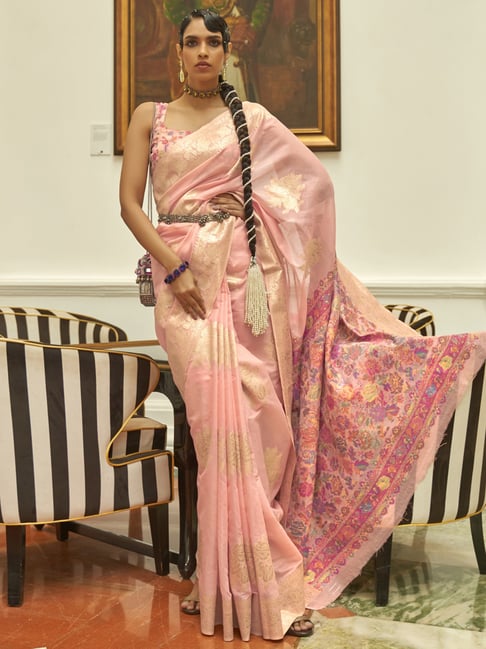 Saree Mall Pink Silk Woven Saree With Unstitched Blouse Price in India