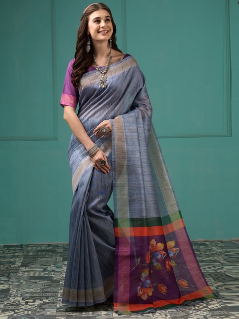Saree Mall Grey Silk Woven Saree With Unstitched Blouse Price in India