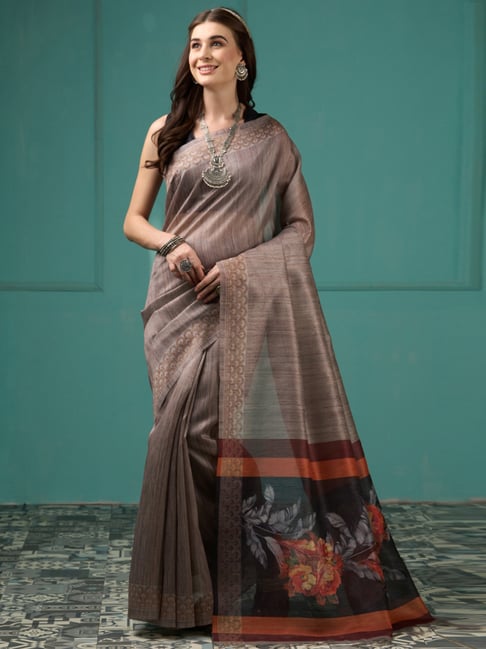 Saree Mall Grey Silk Woven Saree With Unstitched Blouse Price in India