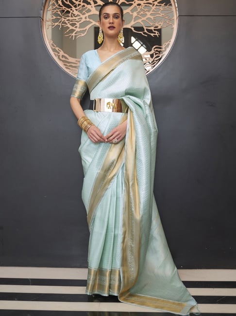 Saree Mall Turquoise Silk Woven Saree With Unstitched Blouse Price in India
