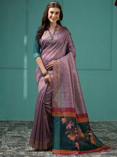 Saree Mall Purple Silk Woven Saree With Unstitched Blouse Price in India