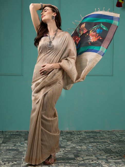 Saree Mall Beige Silk Woven Saree With Unstitched Blouse Price in India