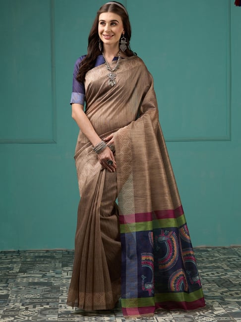 Saree Mall Beige Silk Woven Saree With Unstitched Blouse Price in India