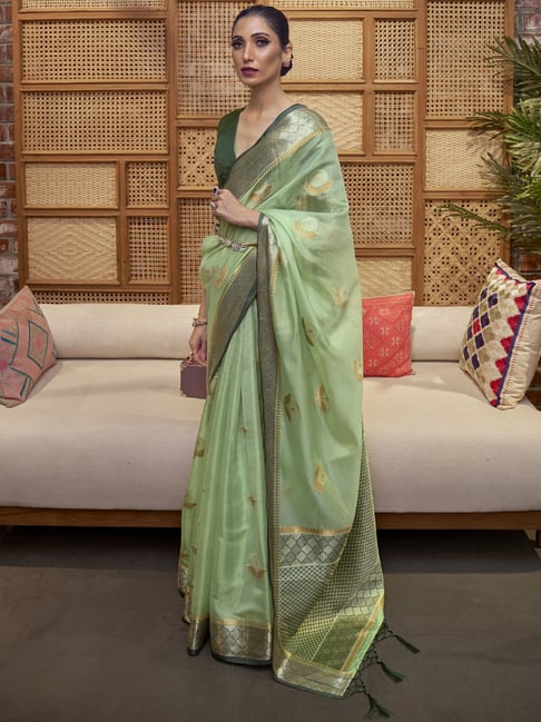 Saree Mall Green Woven Saree With Unstitched Blouse Price in India