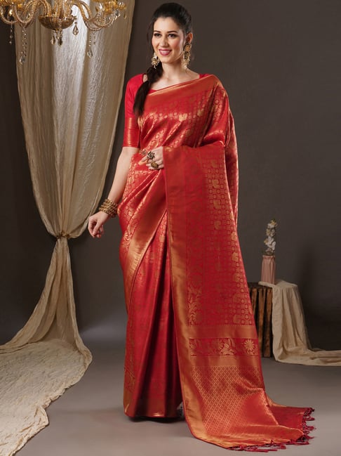 Saree Mall Red Silk Woven Saree With Unstitched Blouse Price in India