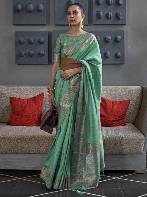 Saree Mall Green Silk Woven Saree With Unstitched Blouse Price in India