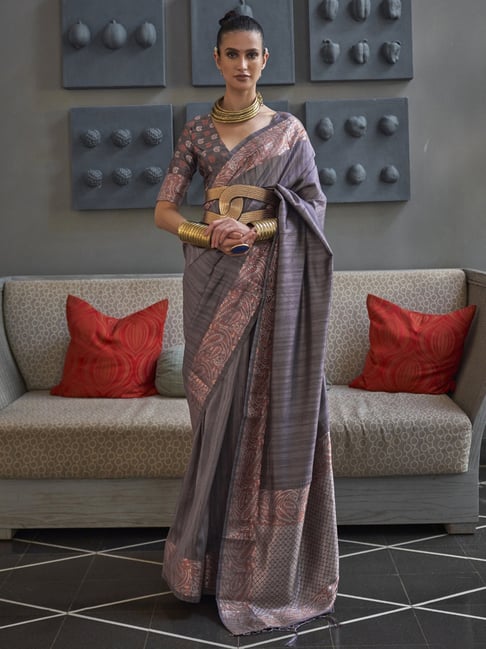 Saree Mall Grey Silk Woven Saree With Unstitched Blouse Price in India