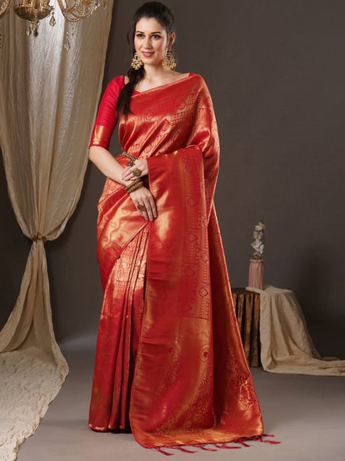 Saree Mall Orange Silk Woven Saree With Unstitched Blouse Price in India
