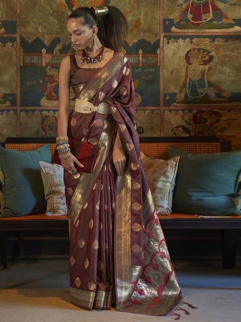 Saree Mall Brown Silk Woven Saree With Unstitched Blouse Price in India