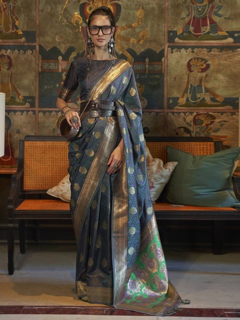 Saree Mall Grey Silk Woven Saree With Unstitched Blouse Price in India