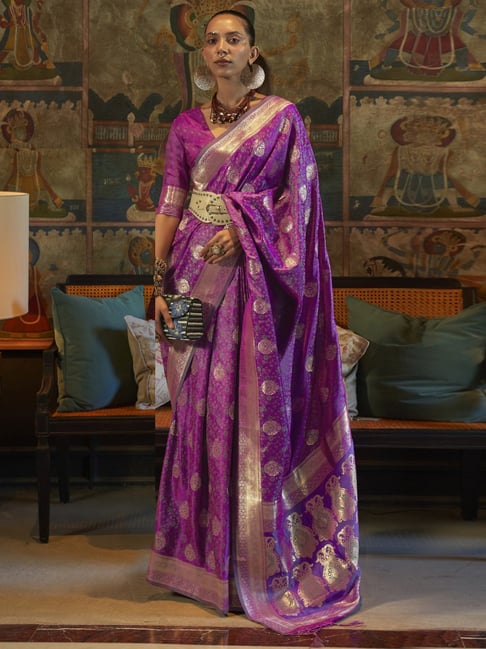 Saree Mall Purple Silk Woven Saree With Unstitched Blouse Price in India