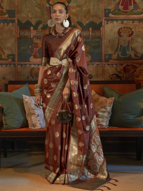 Saree Mall Brown Silk Woven Saree With Unstitched Blouse Price in India