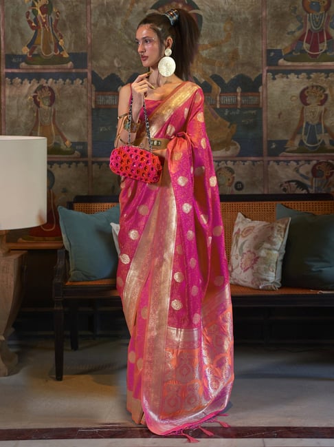 Saree Mall Pink Silk Woven Saree With Unstitched Blouse Price in India