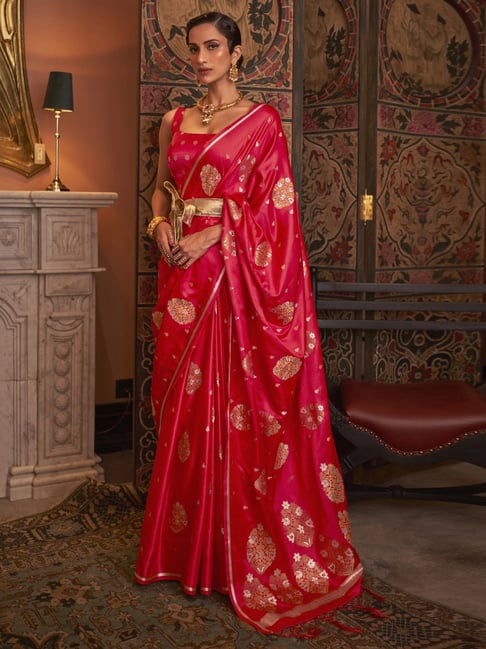 Saree Mall Pink Silk Woven Saree With Unstitched Blouse Price in India