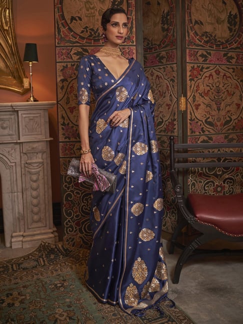 Saree Mall Blue Silk Woven Saree With Unstitched Blouse Price in India