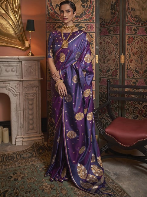 Saree Mall Purple Silk Woven Saree With Unstitched Blouse Price in India