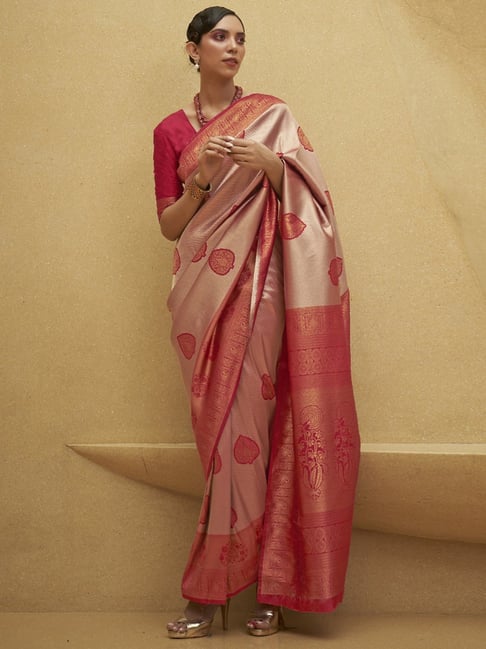 Saree Mall Beige & Pink Woven Saree With Unstitched Blouse Price in India