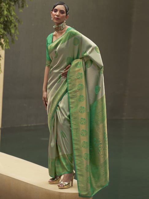 Saree Mall Grey & Green Woven Saree With Unstitched Blouse Price in India